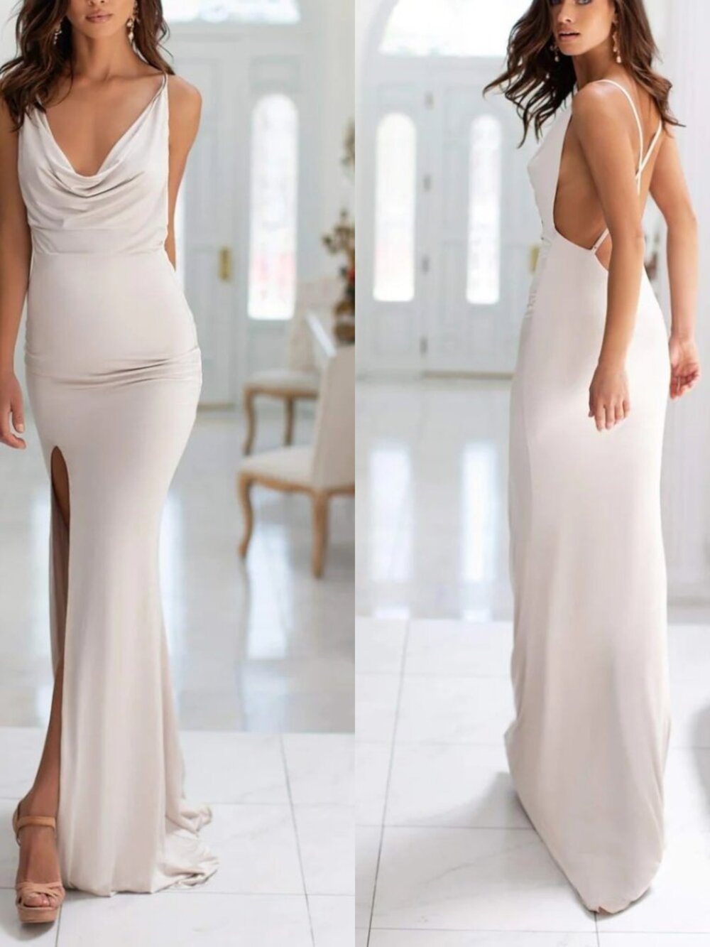 Alamour The Label Alyssa Maxi Cowl Neck Maxi Dress Gown In Oyster XS